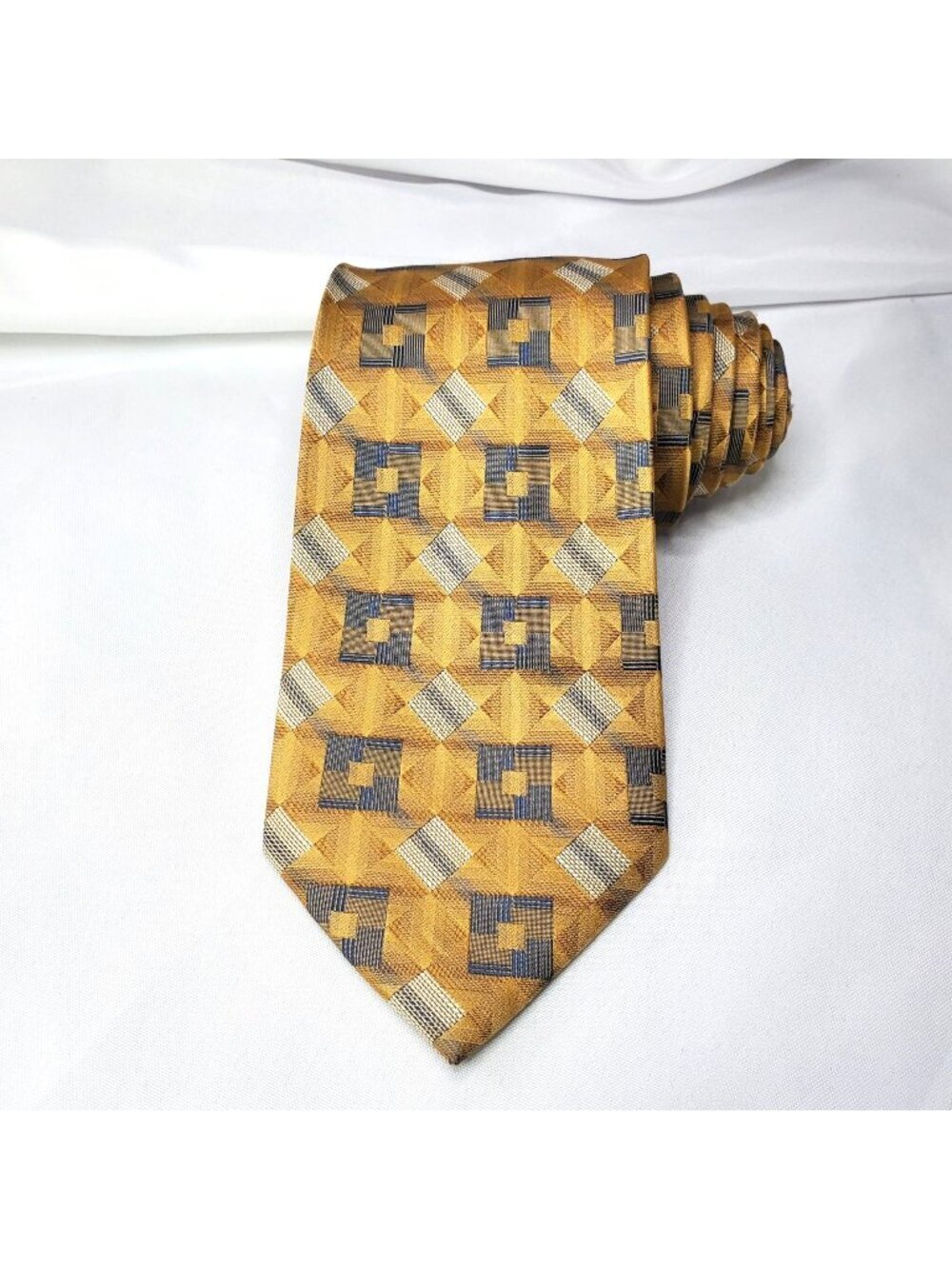Haggar Gold & Blue Geometric Silk Tie‎ 4" Wide 59" Long Handmade New With Tags